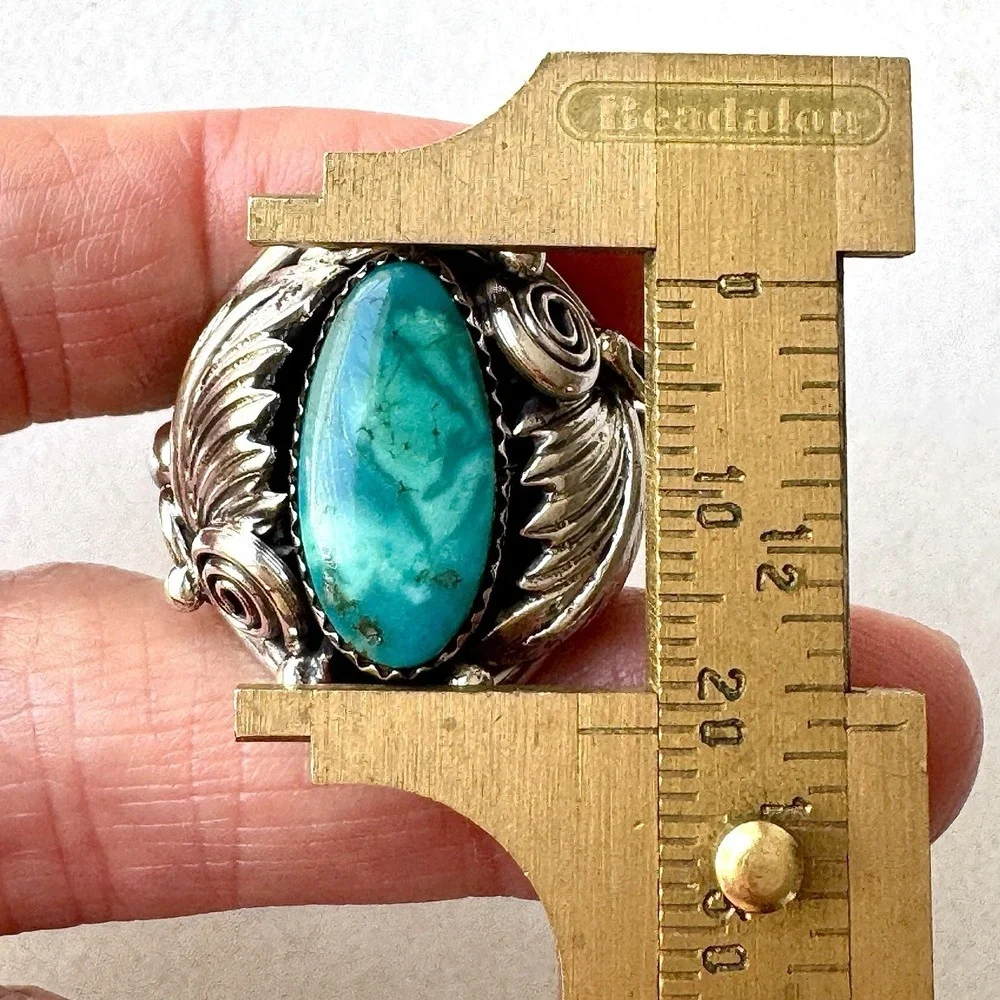 Navajo Turquoise Mens Ring Sz 12 Leaf Feather Signed Morgan Sterling Native Amer
